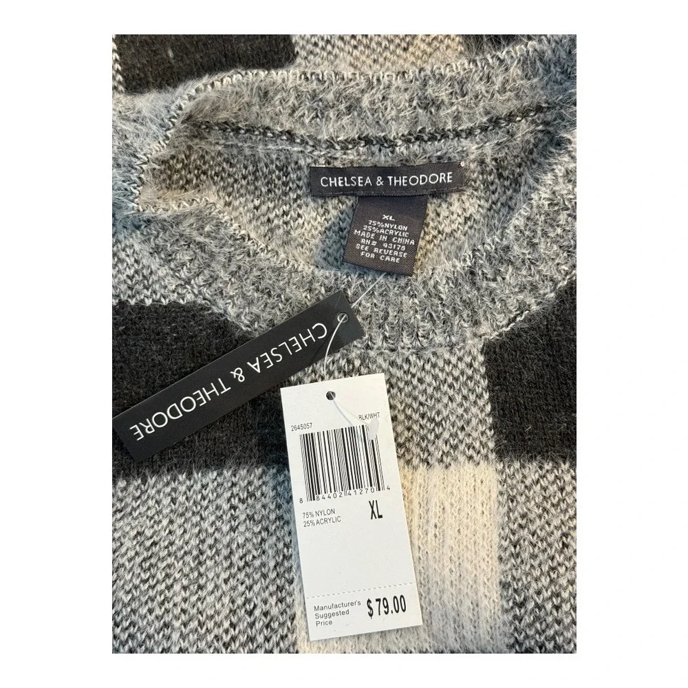 CHELSEA & THEODORE Buffalo‎ Plaid Crewneck Sweater Black White Cozy Knit XL